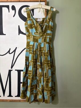 Anthro Lazy Bones Olive & Sky Blue Patterned Sleeveless Dress
